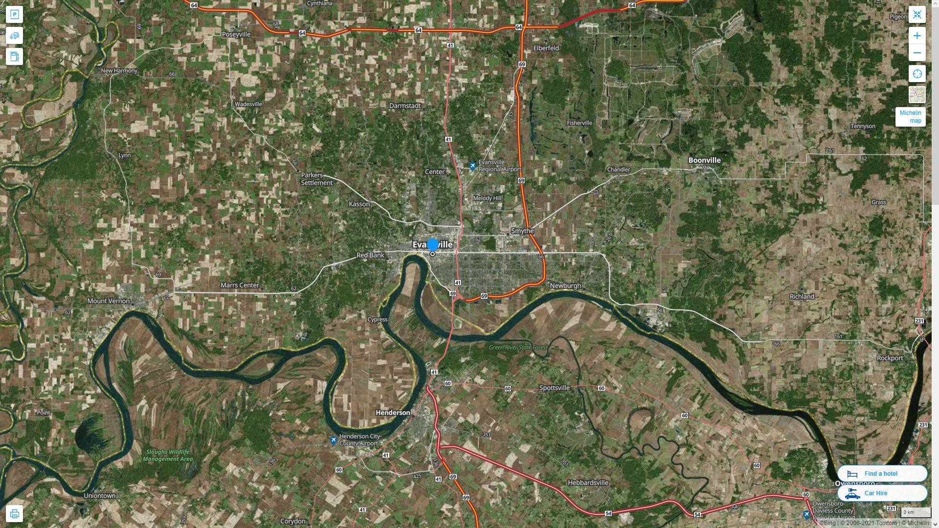 Evansville Indiana Highway and Road Map with Satellite View